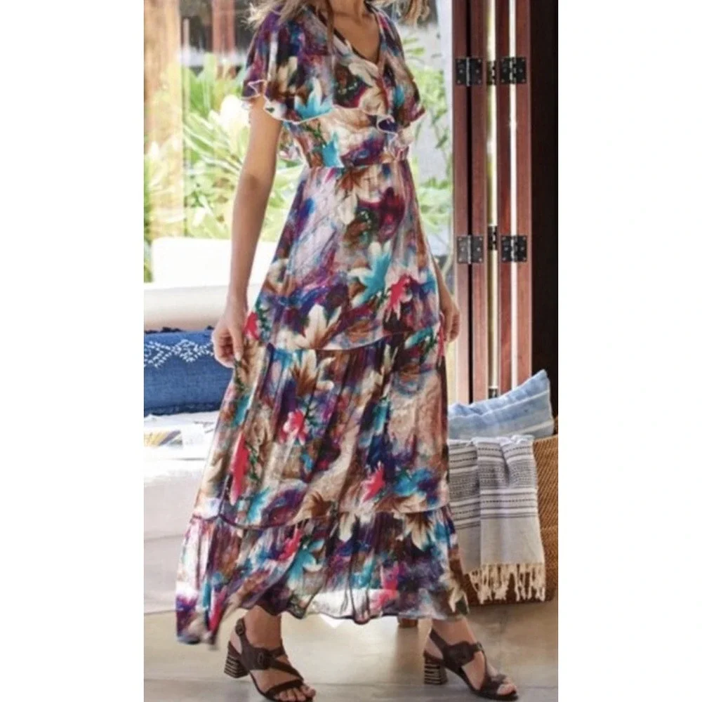 Soft Surroundings Size Medium Italian Dreams Purple Botanical Tiered Maxi Dress